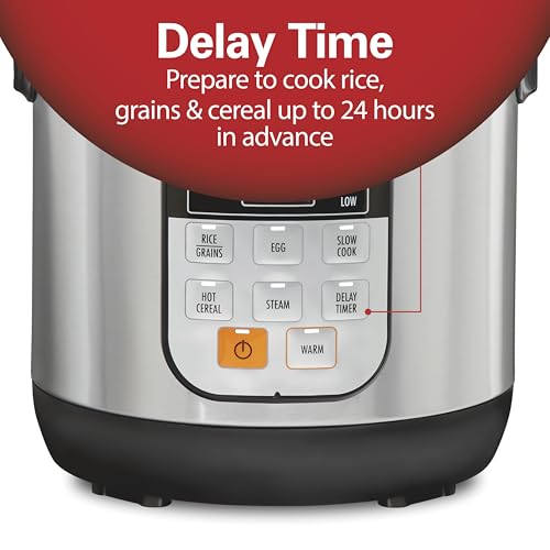Hamilton Beach Digital Programmable Rice Cooker & Food Steamer, with Slow Hard-Boiled Egg Functions, Egg/Steam Tray, Small & Compact, 6 Cups Cooked (3 Uncooked), Stainless Steel (37524)