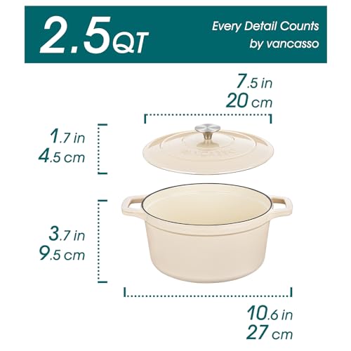 vancasso 2.5 QT Enameled Cast Iron Dutch Oven with Stainless Steel Knob Lid – Small Non-Stick Casserole for Steaming, Baking, and Roasting – Cream Color