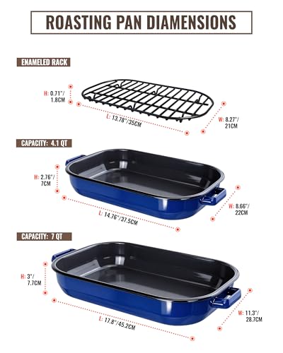 MCCSI Roasting Pan for Oven with Rack 6-Piece Enamel Deep Lasagna Baking Dish 14&17 Inch, 572°F High Temp Resistance Dishwasher Safe Non-Stick Easy-To-Clean, Large Turkey Ham Roaster Mothers Day Gift