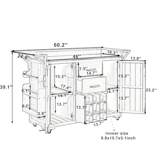 Merax 60.2''W Outdoor Kitchen Island on Wheels with Stainless Steel Top, Wood Rolling Patio Grill Cart with Storage Cabinets, Drawers, Spice Rack & Wine Rack, Outdoor Grill BBQ Prep Table, Black