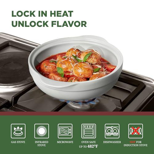 MINH LONG 2-Qt Porcelain Dutch Oven with Lid – Lead & Cadmium Free, Oven Safe to 482°F, Heat Retention, Clay Pot for Cooking on Gas & Infrared Cooktop, Use to Marinate, Cook, Bake, Refrigerate & Serve