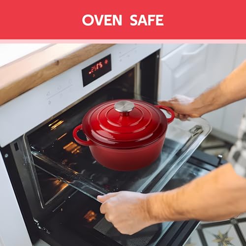 4 Quart Dutch Oven Enameled Cast Iron with Lid - Big Dual Handles - Oven Safe up to 500°F - Classic Round Pot for Versatile Cooking Red