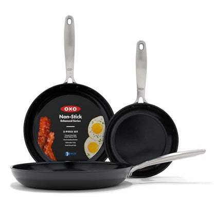 OXO Enhanced, 8" 10" and 12" 3 Piece Frying Pan Skillet Set, Healthy Ceramic Nonstick, PFAS-Free, Stainless Steel Handle, Dishwasher Safe, Oven Safe, Black