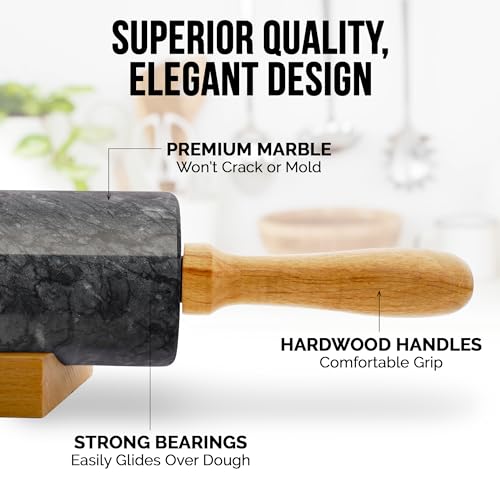 Zulay Kitchen 17-Inch Marble Rolling Pin With Stand - Polished Marble Rolling Pins For Baking - Long Rolling Pin Marble With Beechwood Handle - Non-stick Roller Pin For Baking Pastries, Bread & Pizza