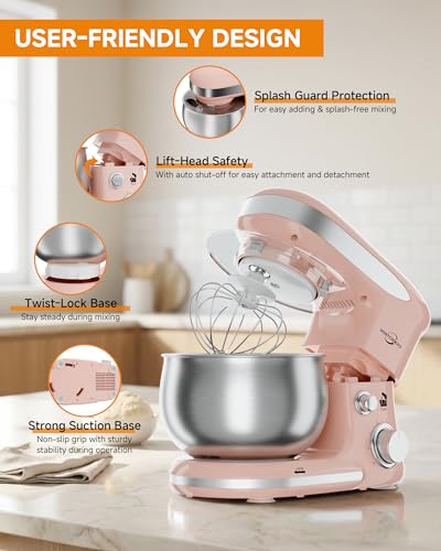 Stand Mixers, 3.4QT Mixers Kitchen Electric Stand Mixer, 6+P Speed Tilt-Head Portable Household Mixers for Daily Use with Egg Whisk, Dough Hook, Flat Beater, Dough Bread Mixer for Baking (Pink)