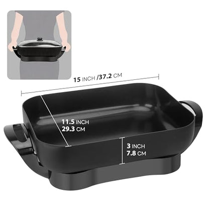 FineMade Family Size Electric Skillet with Lid, XL Electric Skillet, Deep Skillet, Temperature Control, Square 15 x 11.5 Inch Ceramic Nonstick Interior, Graphite
