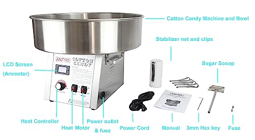 ANFIRE Commercial Professional Cotton Candy Machine 5" Spinner Head with 24" Metal Bowl and Floss Stabilizer Net