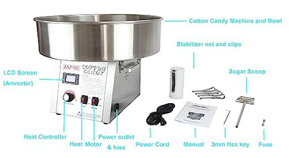 ANFIRE Commercial Professional Cotton Candy Machine 5" Spinner Head with 24" Metal Bowl and Floss Stabilizer Net