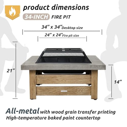 WILDMOS Firepits for Outside，Wood Burning Fire Pit with Wood-Grain Side Panels,Firepit for Outside with Mesh Cover & Fire Poker,Square Modern Outdoor Fireplace Fire Table. (Countryside)
