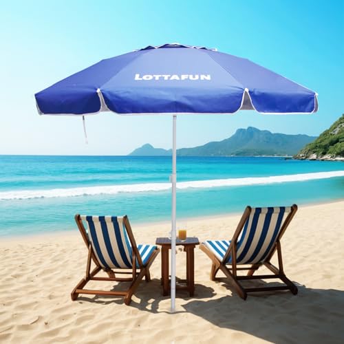 LOTTAFUN 6.5ft Beach Umbrella - Heavy Duty Wind Resistant UV 50+ Portable Sun Shade with Sand Anchor & Carry Bag, Outdoor Folding Umbrella for Beach, Pool, Patio, Garden (Dark Blue) No Tilt