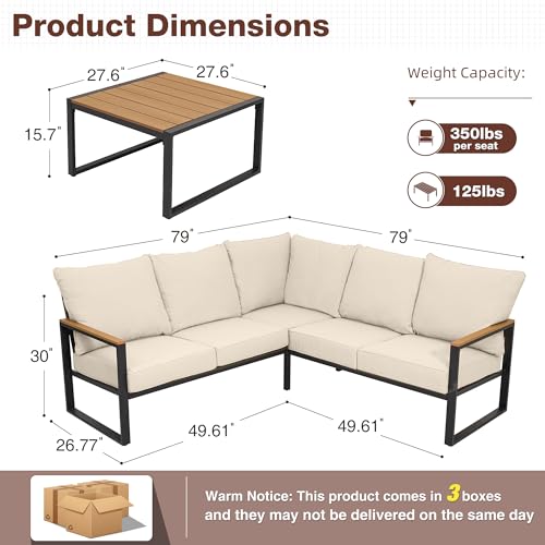 COMLAX FIELD Metal Patio Furniture Set, 6 Pieces Outdoor Sectional Sofa Set with Side Table, L Shape Patio Conversation Set with Faux-Wood Tabletop, Outdoor Couch for Balcony, Porch, Backyard,Beige