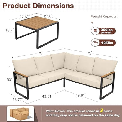 COMLAX FIELD Metal Patio Furniture Set, 6 Pieces Outdoor Sectional Sofa Set with Side Table, L Shape Patio Conversation Set with Faux-Wood Tabletop, Outdoor Couch for Balcony, Porch, Backyard,Beige