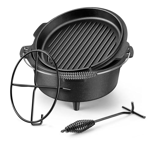 HaSteeL 7 QT Cast Iron Dutch Oven, Large 2 in 1 Camp Pre-Seasoned Deep Pot & Lid Skillet Pan, Heavy Thick 7 Quart Multiple Cookware with Feet for Outdoor Camping Baking, Bracket and Lid Lifter