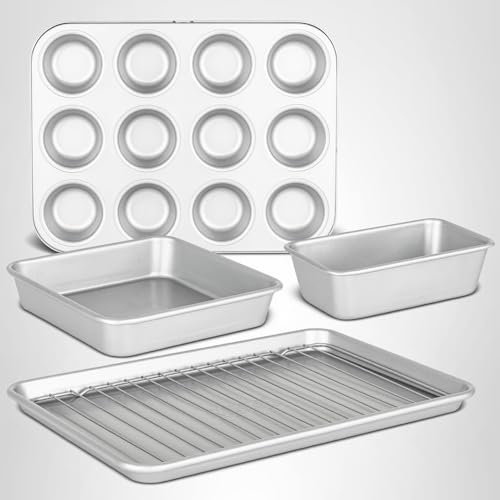 Viking Premium 5-Piece Nonstick Ceramic Baking Pans Set, Made without PFAS, Heavy Gauge Aluminized Steel Bakeware, Baking Sheet, Cooling Rack, Loaf, Muffin and Square Pan, Oven Safe for 475F, Silver