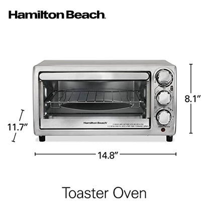 Hamilton Beach 4-Slice Toaster Oven with 5 Cooking Modes (Bake, Broil, Keep Warm Toast & Bagel) with Stay On & Auto Shutoff, 2 Rack Positions, 1100 Watts and 3 Accessories, Stainless Steel (31143)
