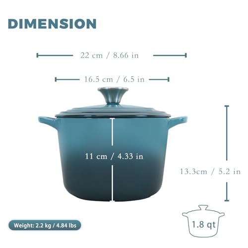 Flavehc Dutch Oven Pot with Lid 1.8 qt Cast Iron Dutch Oven for Bread Baking Slateblue Enameled Cast Iron Rice Pot with Handels