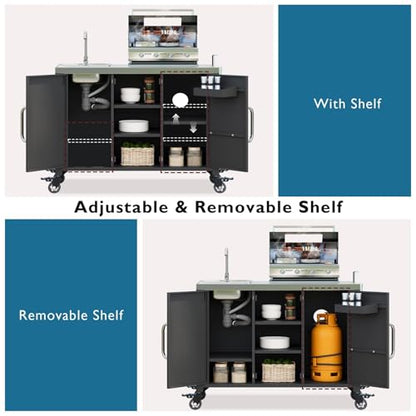 55.5" Outdoor Kitchen Island with Stainless Steel Sink - Rolling Grill Cart with Storage, Mobile Bar Table with 4 Lockable Wheels for Pizza Prep & BBQ