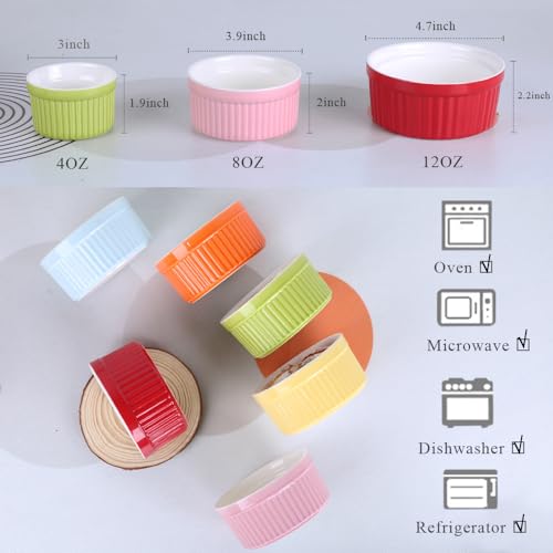 YAZYLIFE Ramekins 4oz,Creme Brulee Ramekins and Souffle Dishes,Porcelain Oven Safe Baking Bowls,Pudding Cups,Dipping bowl,Set of 6,Pink.