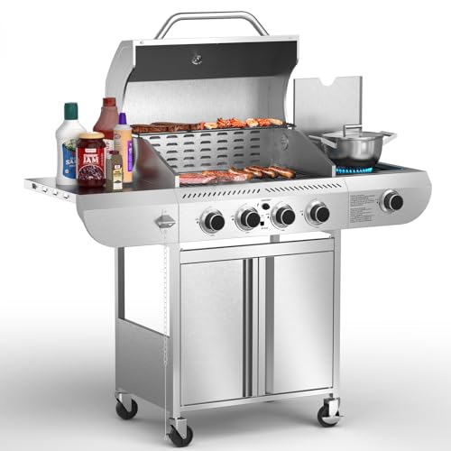 Electactic G41 Pro BBQ Grill,Heavy-Duty Stainless Steel Gas Grill, 4 Burner Gas Grill with Side Burner,42000 BTU Propane Grill for Outdoor Cooking,Barbecue,Garden and Patio Backyard