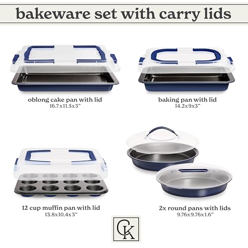 Country Kitchen Baking Pans Set - 10 Piece Non-Stick Cake Pans with Carry Lids for Easy Storage & Travel, Perfect for Parties - Stackable, Navy