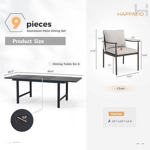 HAPPATIO 9-Piece Aluminum Patio Dining Set,Aluminum Outdoor Dining Set with Cushions,8 Dining Chairs with Expandable Table with Umbrella Hole for Lawn, Garden, Backyard
