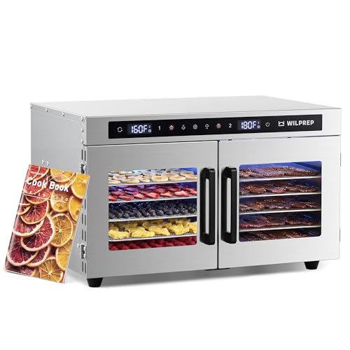 WILPREP Dual-Zone Food Dehydrator for Jerky, 12-Tray, 13 sq ft Food Dryer with Independent Control & 86–185°F Temp Range, Stainless Steel Dehydrator for Homemade Jerky Fruit Herbs Snacks