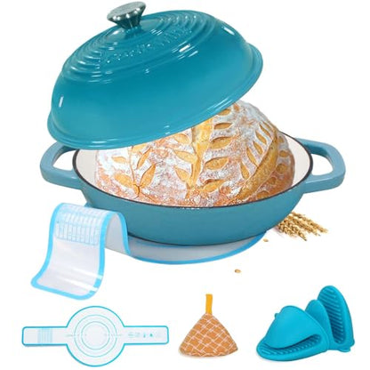 Enameled Cast Iron Bread Oven, 6 Quart Dutch Oven for Bread Sourdough Baking, 11" Thick Enamel Bread Baking Pan Kit with Lid for Stews, Roasts and Gifts for Family, Teal