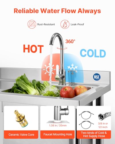 VEVOR Stainless Steel Utility Sink, Rolling Single Bowl Commercial Kitchen Sink with Drawer, Faucet and Hot & Cold Water Pipe, Utility Basin for Garage, Restaurant, Laundry, 47.2 x 19.7 x 37 in