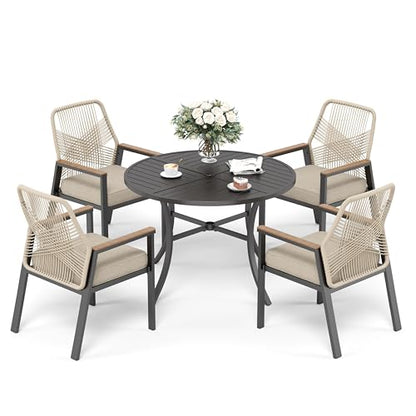 5 Pieces Patio Dining Set, 4 x Woven Rattan Chairs with Waterproof Cushion, 42” Metal Round Dining Table with Umbrella Hole, Outdoor Table and Chairs Set for Backyard Lawn and Deck, Beige