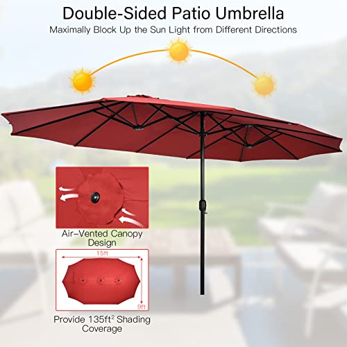 Tangkula 10 Pieces Patio Wicker Dining Set w/Double-Sided Patio Umbrella, Outdoor Acacia Wood Furniture Set w/ 8 Armchairs, 71” Dining Table & 15 ft Umbrella with Weighted Base (Wine)