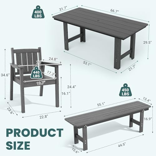 Pamapic Patio Dining Table Set, 5-Piece Outdoor Dining Set for 6, Grey