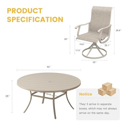 VICLLAX Patio Dining Set for 8, 9 Pieces Outdoor Furniture Includes 60" Round Patio Table with Umbrella Hole and 8 Outdoor Swivel Chairs for Lawn Garden, Sandshell Tabletop and Fabric