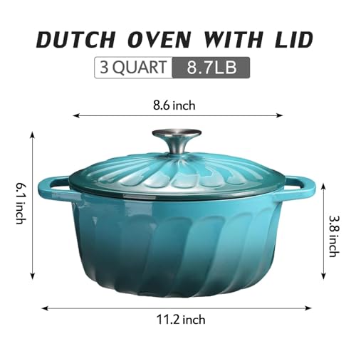 Enameled Cast Iron Dutch Oven with Lid, 3 QT Cast Iron Dutch Oven Pot, Heavy Duty Cast Iron Pot for for Bread Baking, Cook, Bake, Oven Safe across All Cooktops (BlueGreen,3 QT)