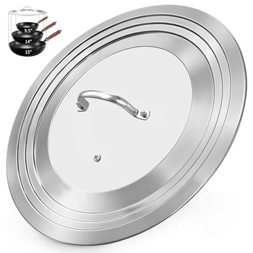 15 Inch Extra Large Universal Lid for Pots, Pans and Skillets, Pan Lid Fits 9.5/10/11/12/13/14/15 Inch Cookware, Stainless Steel & Tempered Glass Replacement Frying Pan Lid, Dishwasher Safe