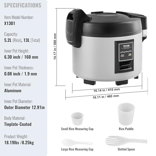 VEVOR Commercial Rice Cooker, 60-Cup Rice Cooker, 13.74 Qt / 13 Liter Large Rice Cooker and Warmer with Nonstick Inner Pot, Fast Cooking and 12-Hour Keep Warm, with Rice Cup and Paddle, for Restaurant
