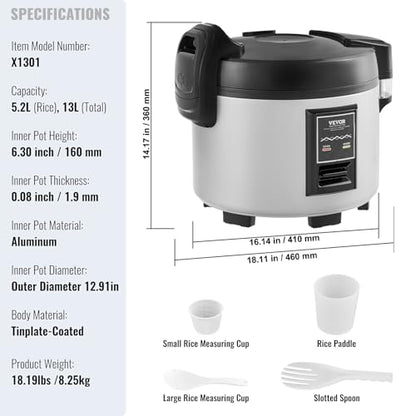VEVOR Commercial Rice Cooker, 60-Cup Rice Cooker, 13.74 Qt / 13 Liter Large Rice Cooker and Warmer with Nonstick Inner Pot, Fast Cooking and 12-Hour Keep Warm, with Rice Cup and Paddle, for Restaurant