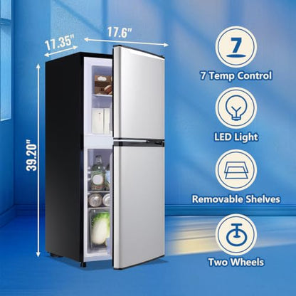 DEMULLER 3.88 CU.FT Capacity Refrigerator with Freezer Double Door Mini Fridge Small Refrigerator with 7 Adjustable Temp Control & 3 Glass Shelves for Kitchen Office Dorm Silver