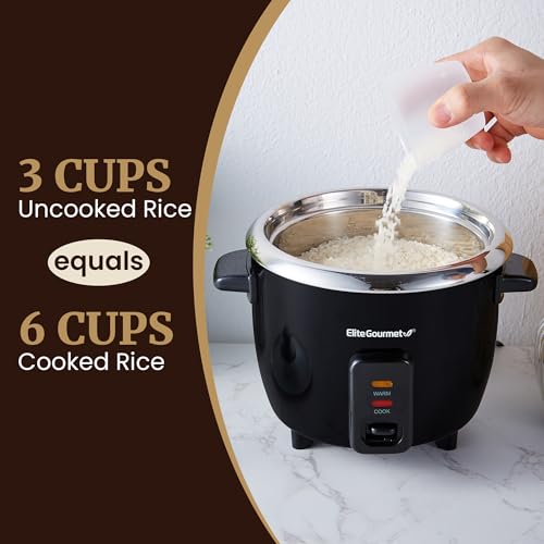 Elite Gourmet ERC006SS 6-Cup Electric Rice Cooker with Stainless Steel Inner Pot, Makes Soups, Stews, Porridges, Grains and Cereals, 6 cup (3 cups uncooked), Black