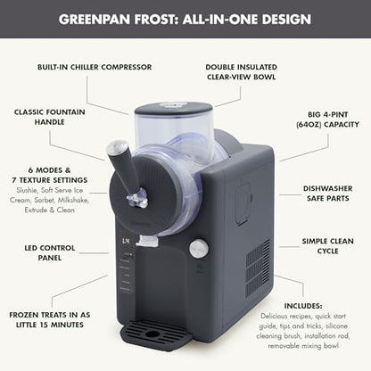 GreenPan Frost Ice Cream Maker & Slushie Machine, Soft Serve, Sorbet, Margaritas, Milkshakes, Frozen Yogurt, No Pre-Freezing, Ready in 15 Mins, 6 Modes, 7 Textures, Self-Cleaning, Family Size, Gray