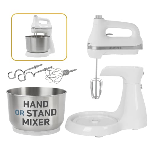 West Bend Two Sweet 2-in-1 Hand & Stand Mixer, 11 Speeds with Turbo Boost, 4.4 Qt Rotating Bowl, Dough Hooks, Beaters & Whisk, Tilt-Head Design, 550 Peak Watts, White