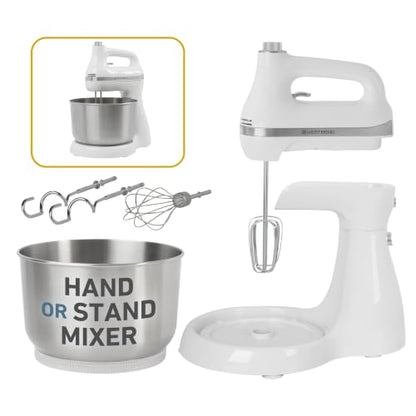 West Bend Two Sweet 2-in-1 Hand & Stand Mixer, 11 Speeds with Turbo Boost, 4.4 Qt Rotating Bowl, Dough Hooks, Beaters & Whisk, Tilt-Head Design, 550 Peak Watts, White