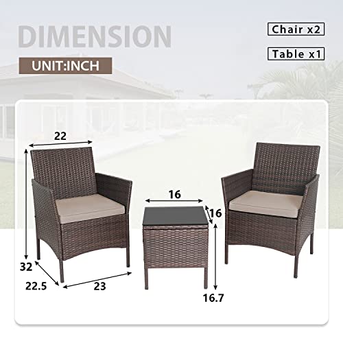 3-Piece Outdoor Wicker Conversation Bistro Set Outdoor Patio Porch Furniture Sets for Yard, Garden with 2 PE Rattan Wicker Chairs, 2 Cushions,1 Coffee Table