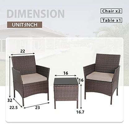 3-Piece Outdoor Wicker Conversation Bistro Set Outdoor Patio Porch Furniture Sets for Yard, Garden with 2 PE Rattan Wicker Chairs, 2 Cushions,1 Coffee Table