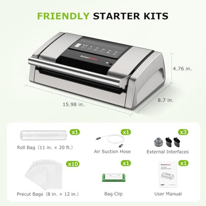 Bonsenkitchen Vacuum Sealer for Food, Easy-Lock Handle Vacuum Sealer Machine with Bag Clip, Built-in Cutter and Bag Storage for Sous Vide and Meal Prep, 1 Roll Bag & 10 Pre-Cut Bags, Silver