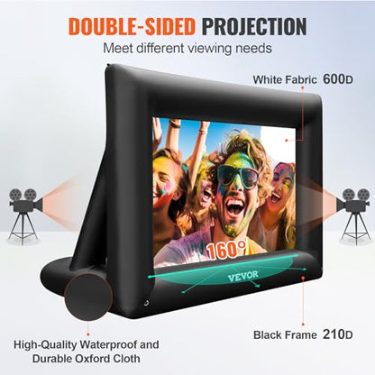 VEVOR Inflatable Projector Screen for Outdoor Use with 350W Air Blower, Oxford Fabric Material, Supports Front/Rear Projection,Black