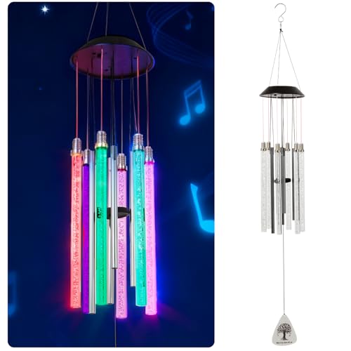 CDBEEE Solar Wind Chimes Outdoor, 37” Color Changing Solar Wind Chimes with 6 LED Tubes, Tree of Life Pendant Outdoor Wind Chimes for Garden Yard Patio Porch Decor, Gifts for Women Mom