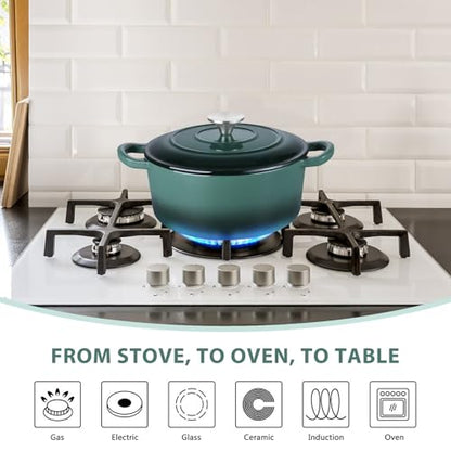 E-far 3 Qt Enameled Cast Iron Dutch Oven with Lid, Small Round Nonstick Dutch Oven Pot for Bread Baking Braising Stews Roasting Cooking, Heavy Duty, Induction & Oven Safe - Forest Green