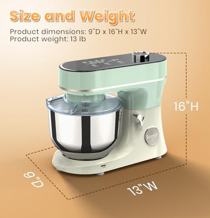 Bonnor Stand Mixer 6QT Kitchen Mixer with LED Smart Touchscreen, 11-Speed Tilt-Head Mixer with Timer, 4 Preset Menus, Stainless Steel Bowl, Dough Hook, Whisk, Beater (Green, 6Qt)
