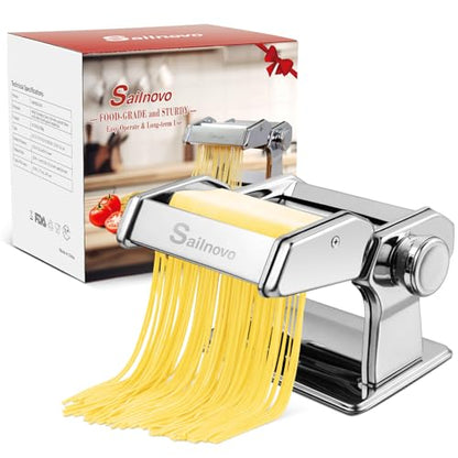 Sailnovo 3 in 1 Pasta Maker Machine - 9 Adjustable Thickness Settings Aluminum Alloy Pasta Roller & 2 Width Cutters for Fresh Spaghetti, Fettuccini, Lasagna, Dumplings - Stainless Steel, Silver