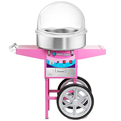Olde Midway Cotton Candy Machine Cart with Bubble Shield, SPIN-2000 Electric Candy Floss Maker, Commercial-Grade